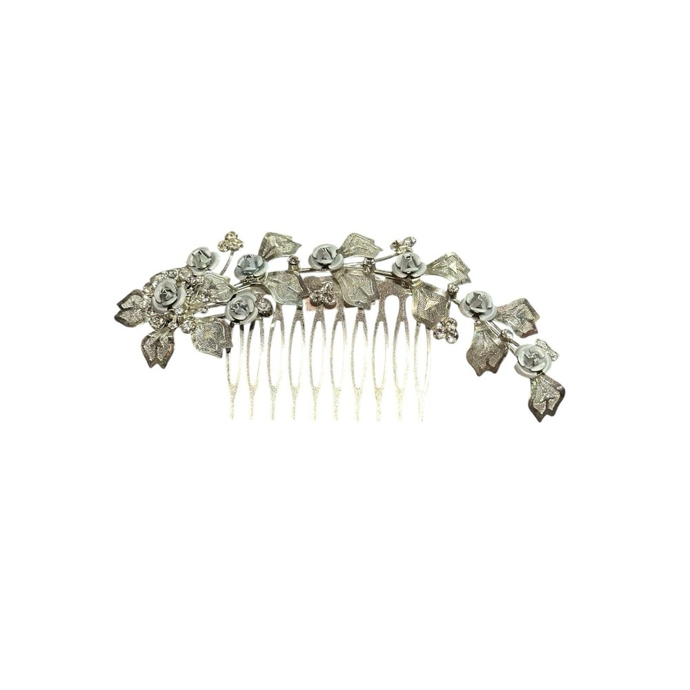 NEW metal hair comb accessory vintage large silver bling flowers floral